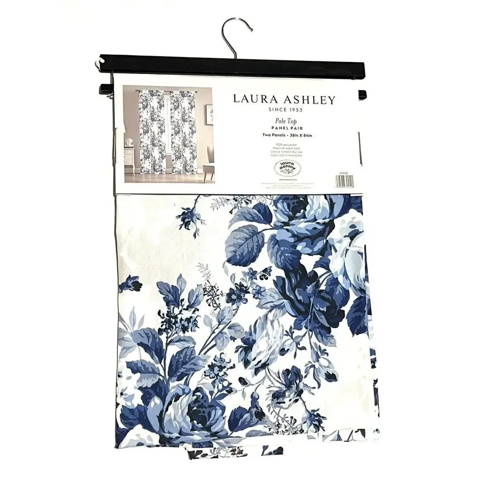 Laura Ashley Floral Blue White Roses Window Curtains 2 Panels 38x84” Joyce